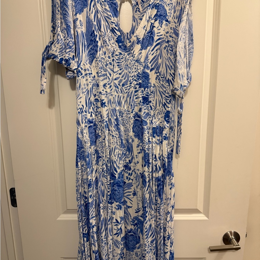 Free People White Maxi Dress with Blue Botanical Print